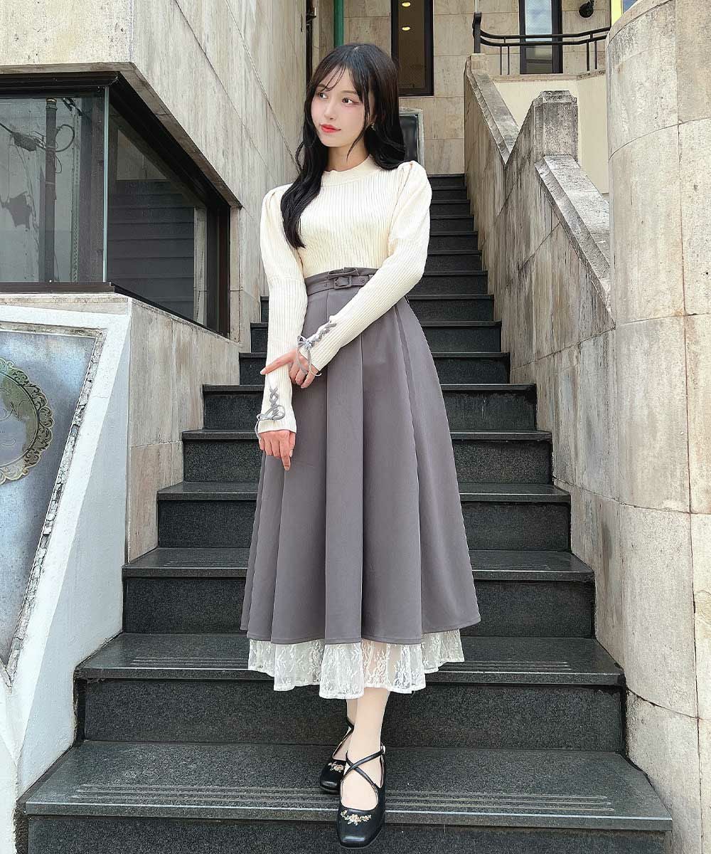 レースレイヤードタックフレアースカート/an another angelus