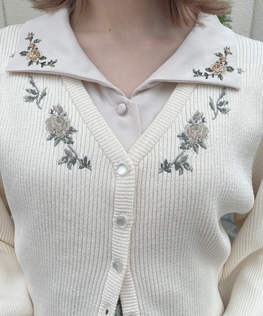 新品ローズ刺繍リブニットカーディガン　offwhite □ローズ刺繍リブニットカーディガン/an another angelus [55BJ04j001