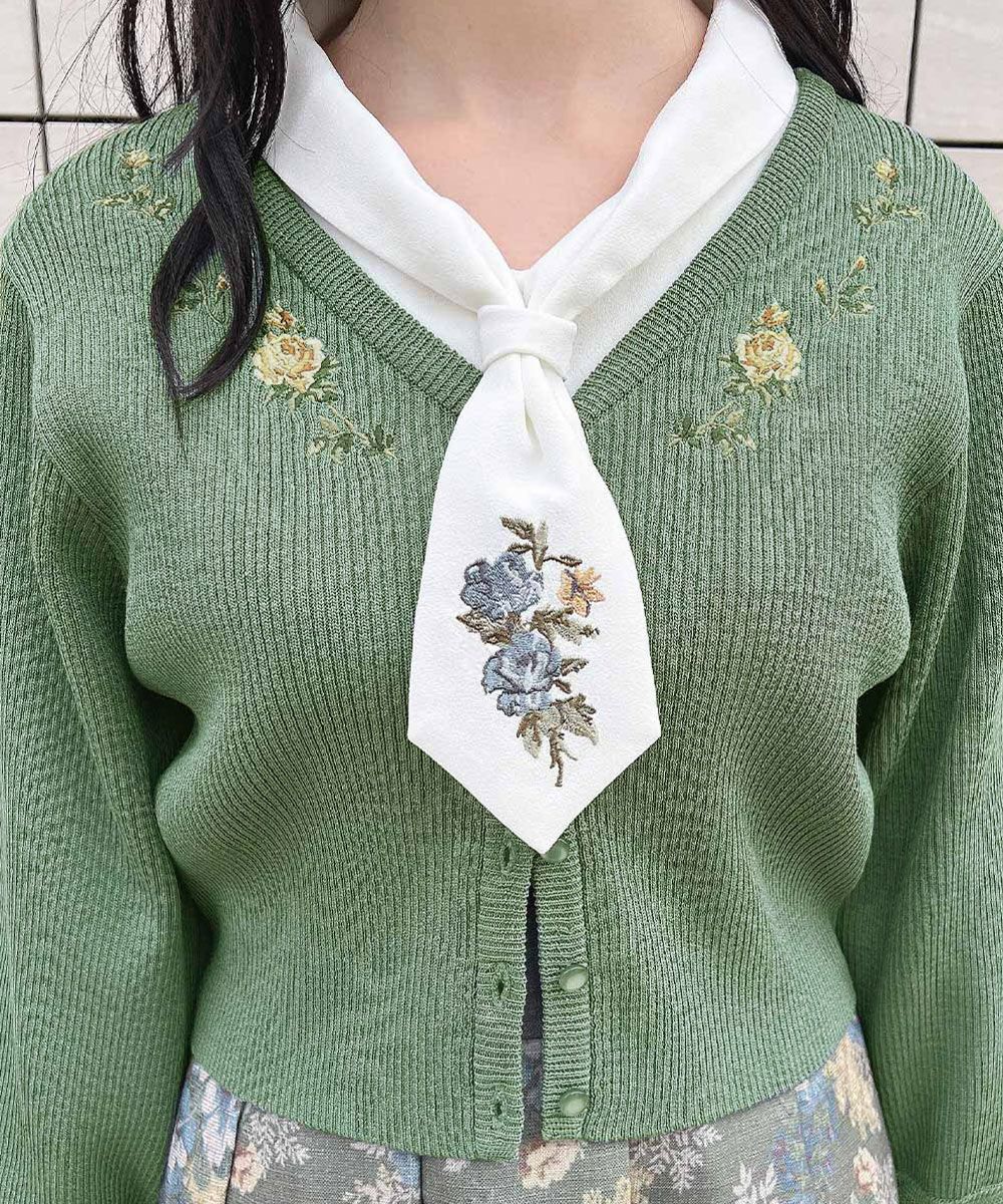 新品ローズ刺繍リブニットカーディガン　offwhite □ローズ刺繍リブニットカーディガン/an another angelus [55BJ04j001