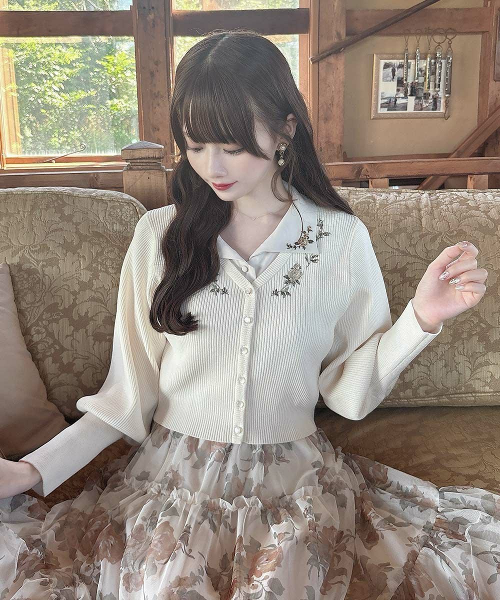 新品ローズ刺繍リブニットカーディガン　offwhite □ローズ刺繍リブニットカーディガン/an another angelus [55BJ04j001