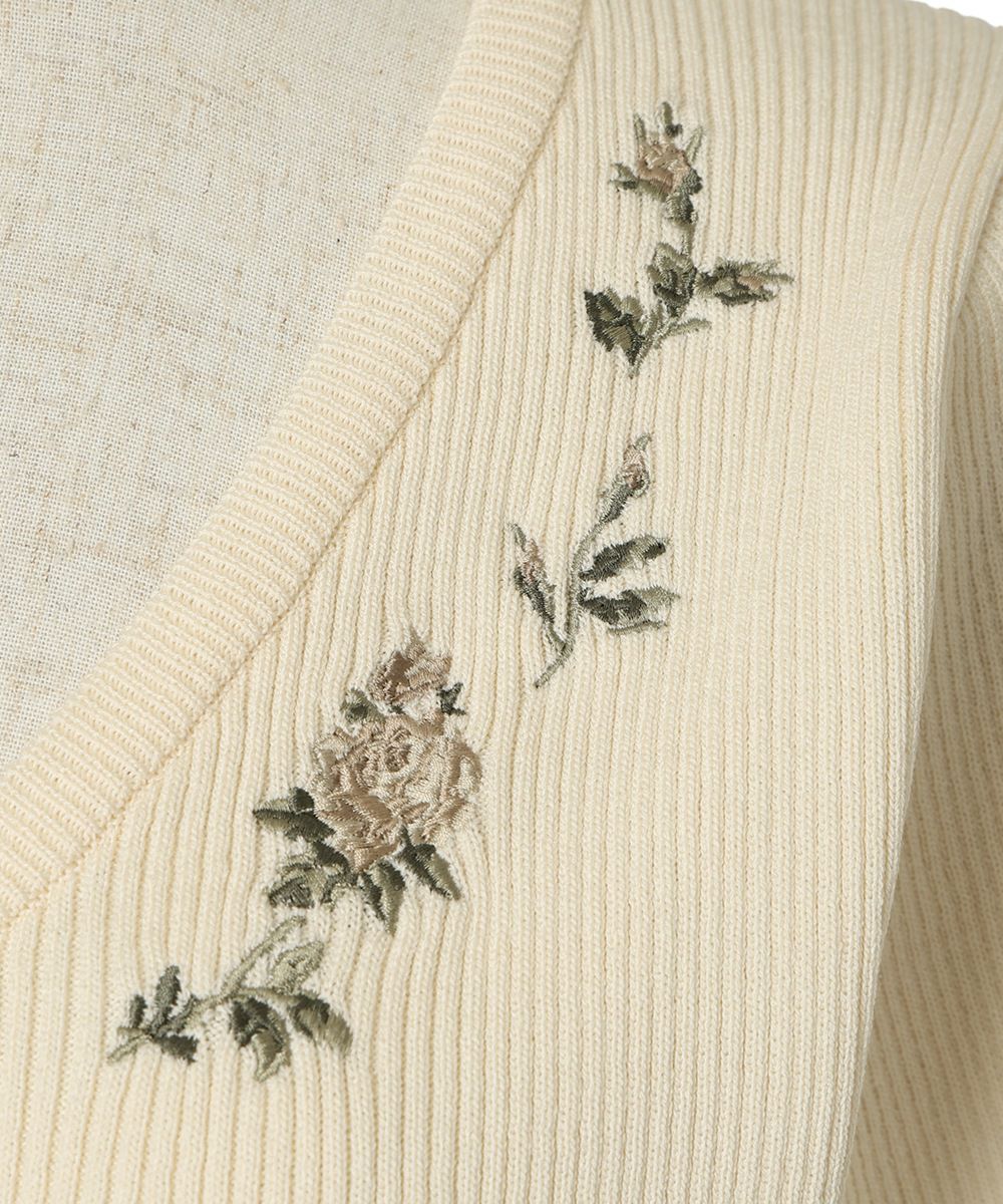 新品ローズ刺繍リブニットカーディガン　offwhite □ローズ刺繍リブニットカーディガン/an another angelus [55BJ04j001