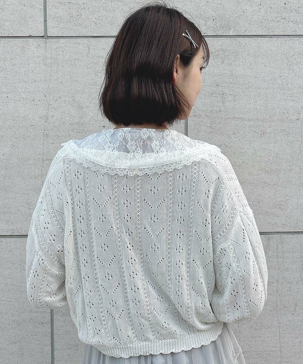 □【涼しげニット】ストライプ透かし編みサマーニットボレロ/F i.n.t