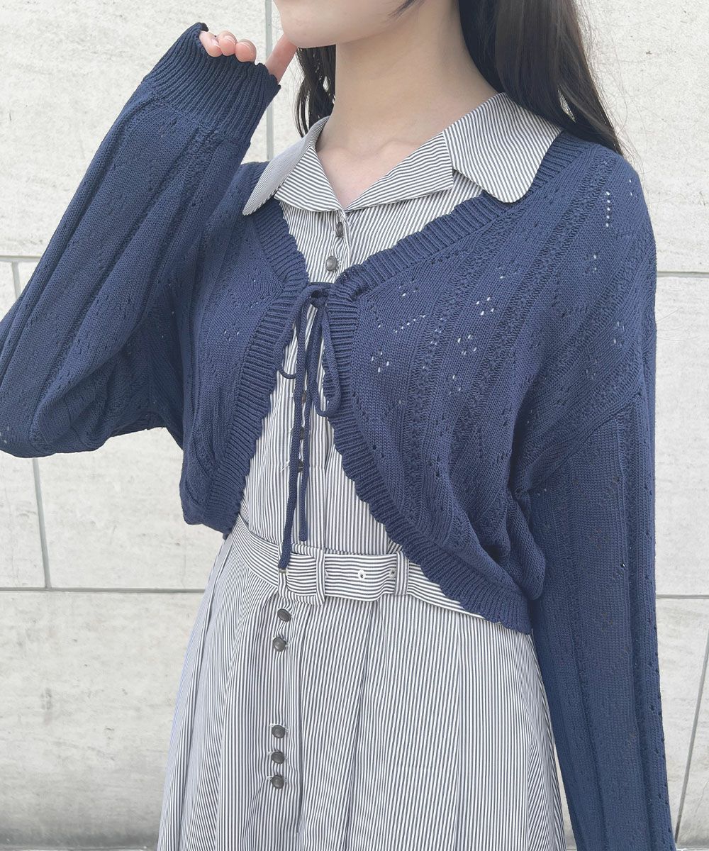 □【涼しげニット】ストライプ透かし編みサマーニットボレロ/F i.n.t