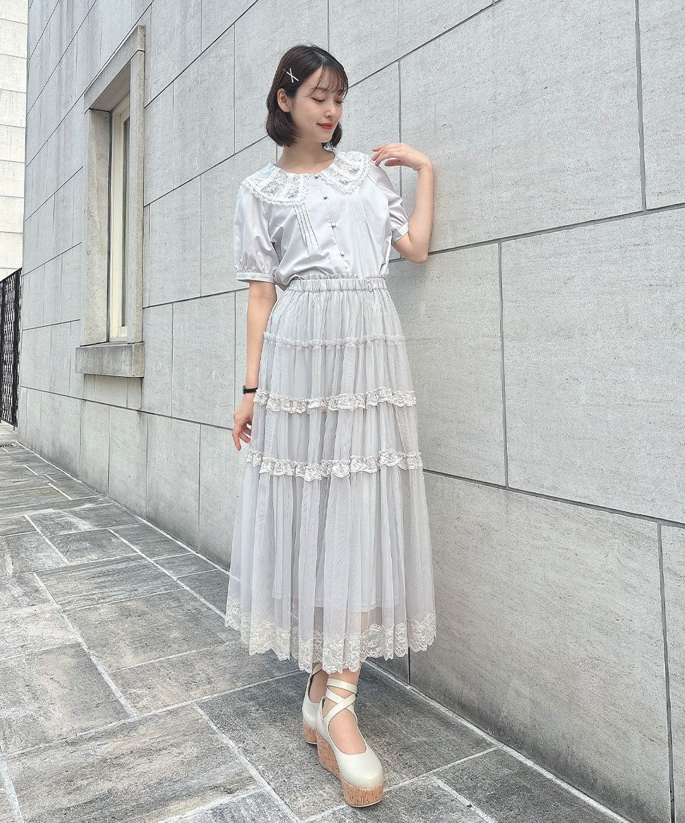 最終価格！グレース♡チュール刺繍ブラウス チュールドッキングフラワーレースキャンディースリーブブラウス