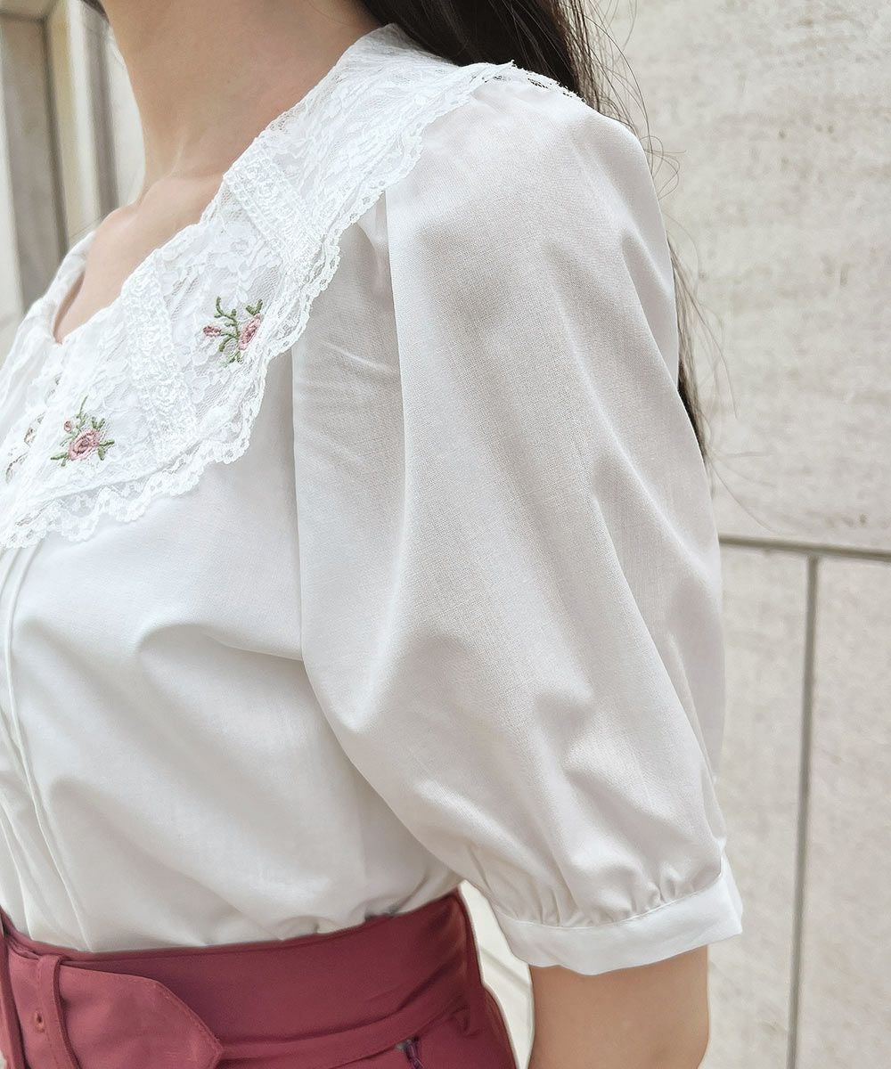 定価6.6万／完売 COLUMN マイクロチュールレースブラウス 38 コーラル □ローズ刺繍チュールレース衿ブラウス/F i.n.t [54AF02g021] | F