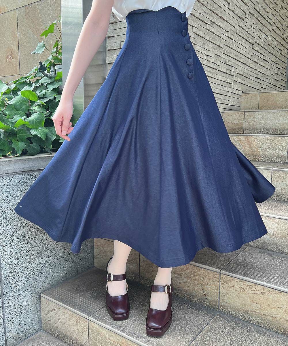 ハイウエストスカラップデニムライクフレアースカート/an another