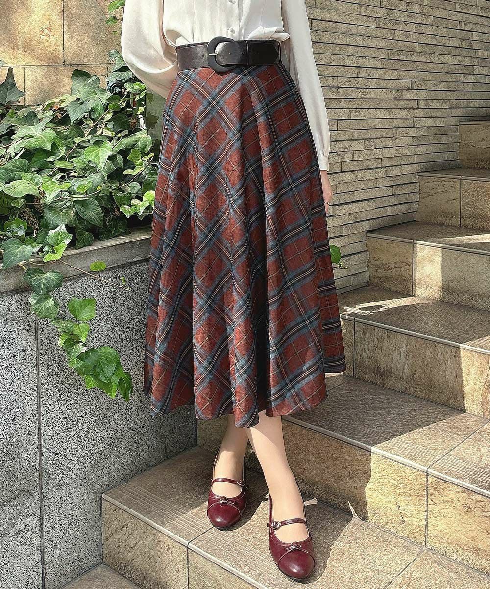 太ベルト付きチェックフレアースカート/an another angelus