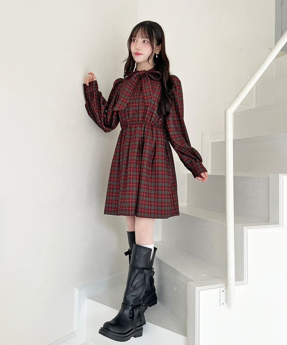 ボリュームスリーブボウタイチェックワンピース/F i.n.t [55AE02j012