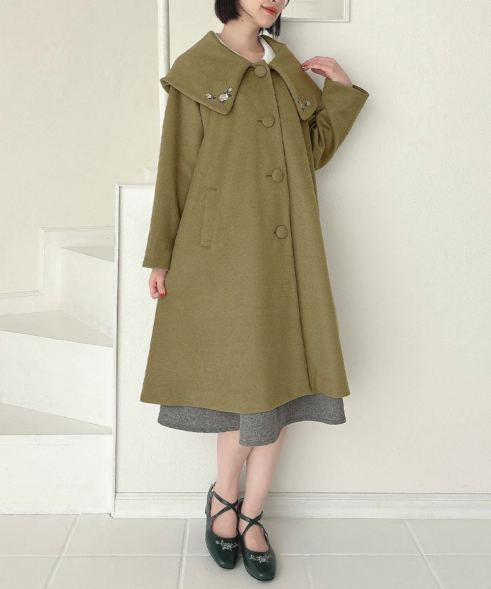 あったか素材】ローズ刺繍ビッグカラーオーバーコート/an another