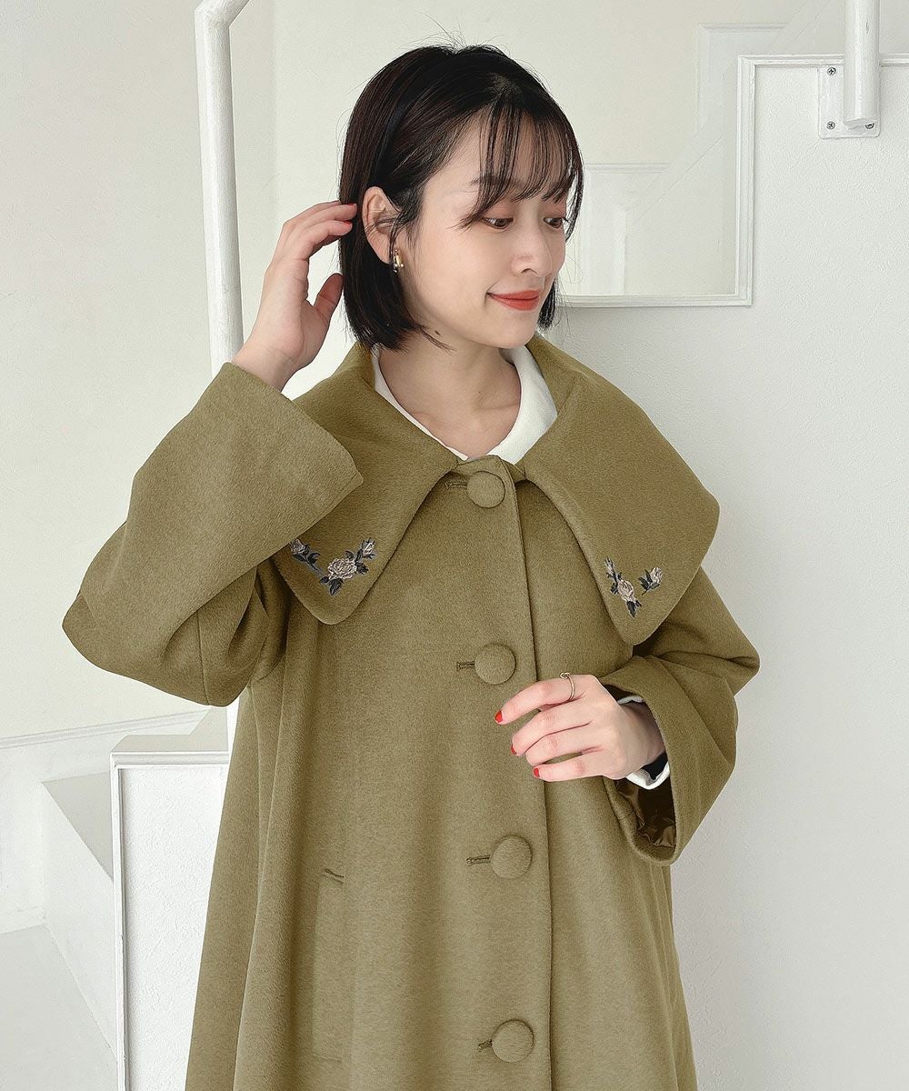あったか素材】ローズ刺繍ビッグカラーオーバーコート/an another