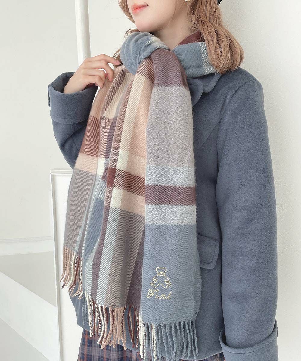 テディベア刺繍入りチェックストール/F i.n.t [55AB09a006] | F i.n.t