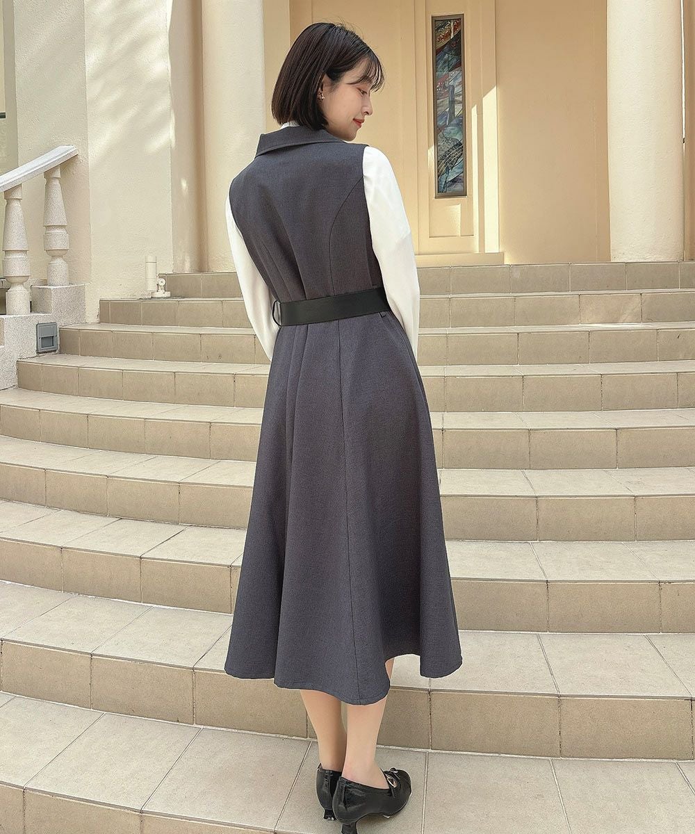 ベルト付きウールライク開衿ジレワンピース/an another angelus