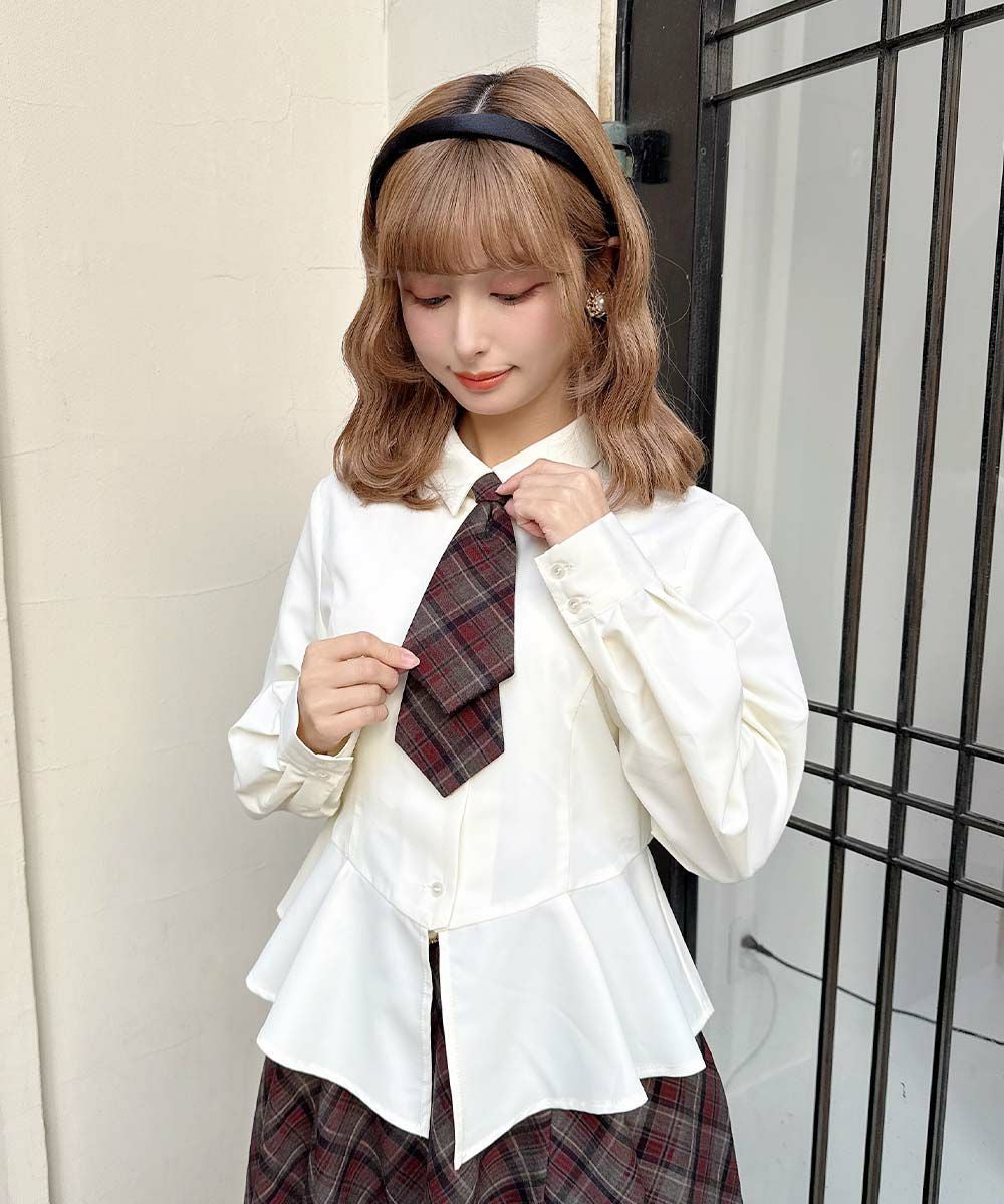 【未使用】14SS ペプラムチェックBL □チェックネクタイ付きペプラムシャツ/an another angelus