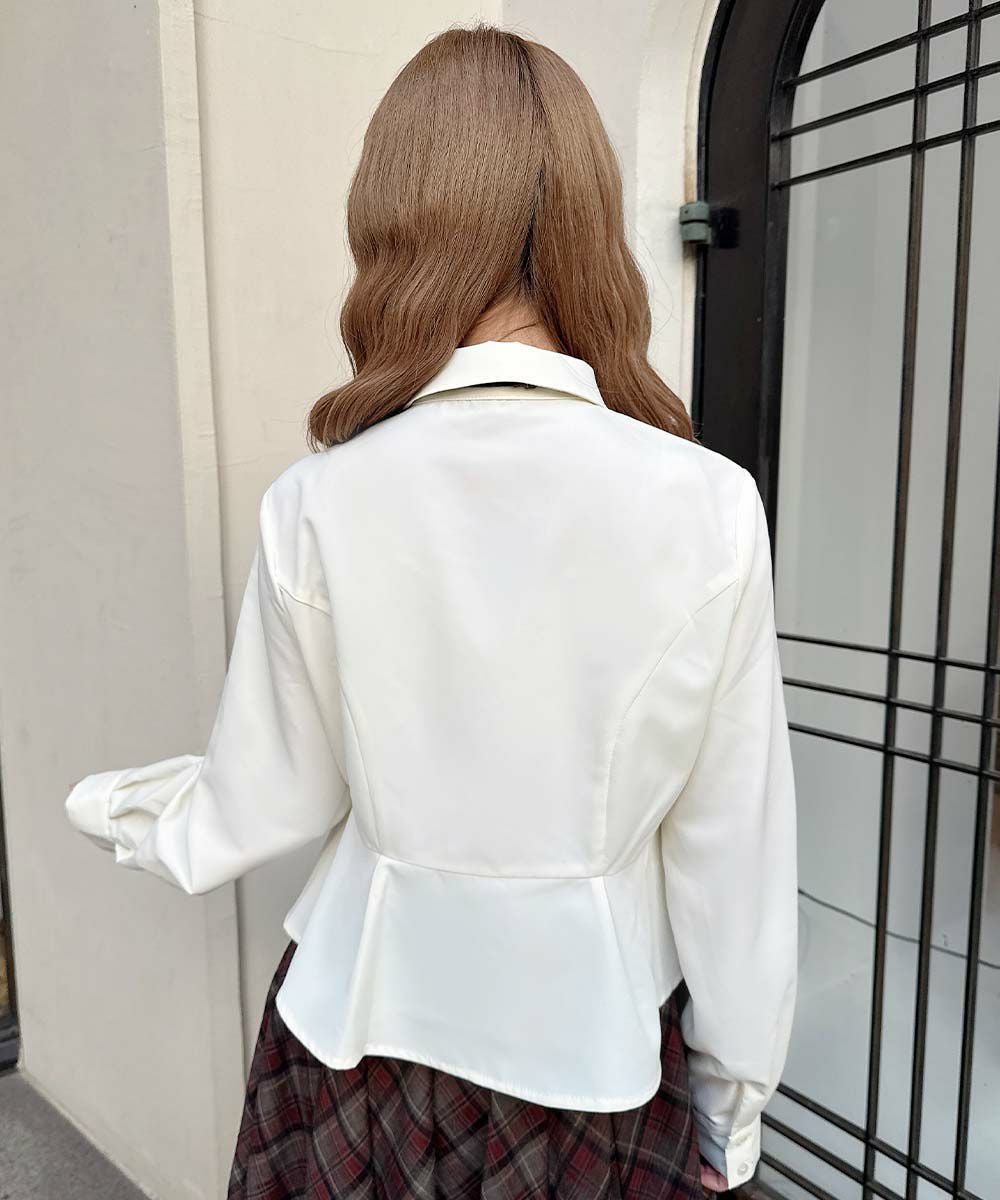 【未使用】14SS ペプラムチェックBL □チェックネクタイ付きペプラムシャツ/an another angelus