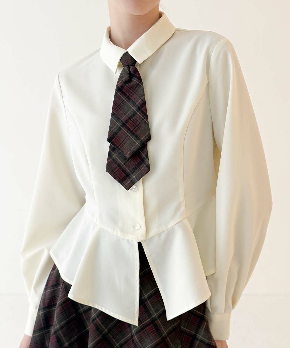 【未使用】14SS ペプラムチェックBL □チェックネクタイ付きペプラムシャツ/an another angelus