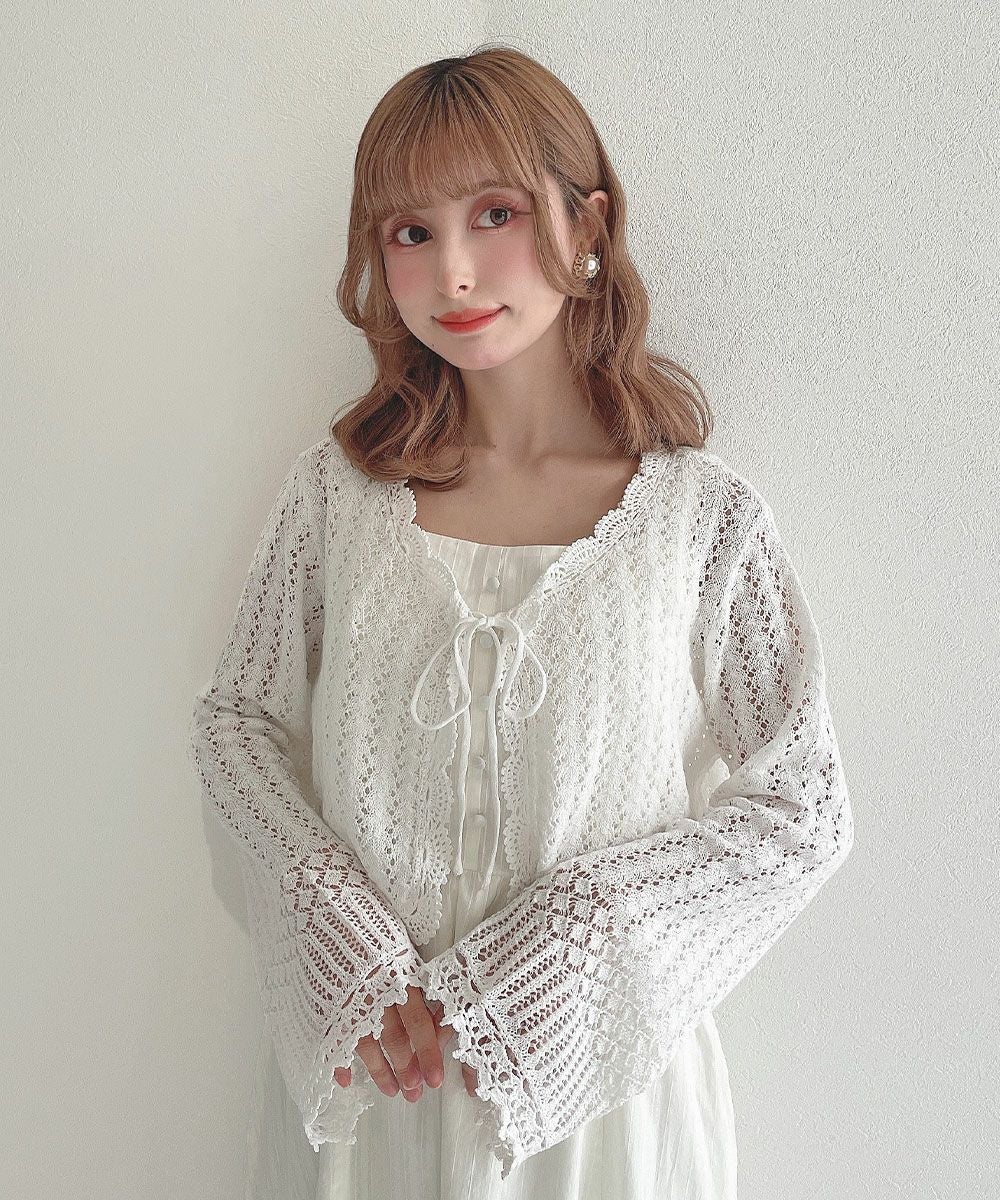 半額セール 新品 銀座マギー 透かし編み ニット ボレロ 日本製 69,300円 透かし編みニットボレロ/フリルリボン | SPINNS WEB STORE | SPINNS