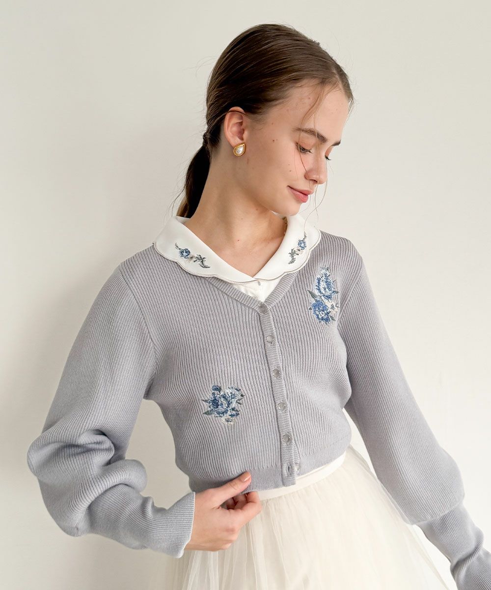 アシメローズ刺繍リブニットカーディガン/an another angelus