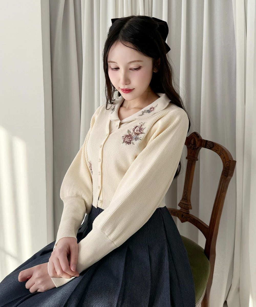 アシメローズ刺繍リブニットカーディガン/an another angelus