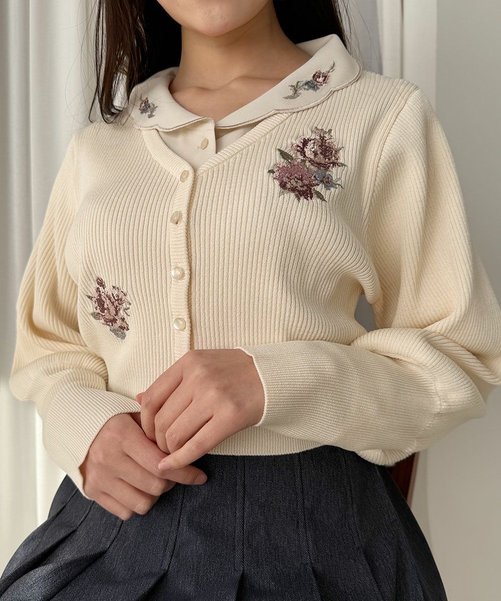アシメローズ刺繍リブニットカーディガン/an another angelus