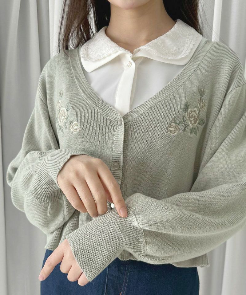 ローズ刺繍ペプラムニットカーディガン/an another angelus