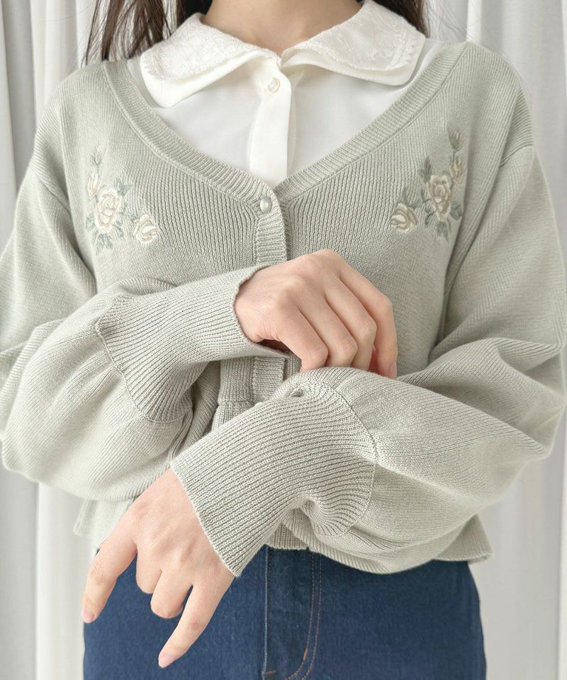 ローズ刺繍ペプラムニットカーディガン/an another angelus