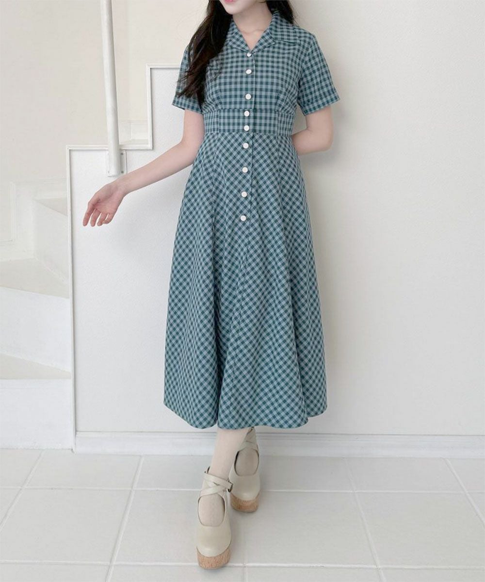 再入荷】レトロギンガム開衿ワンピース/an another angelus