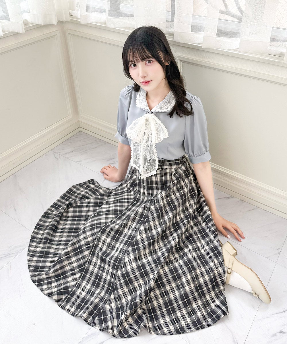 レースリボンタイ付き5分袖ブラウス/an another angelus [57BF02h013