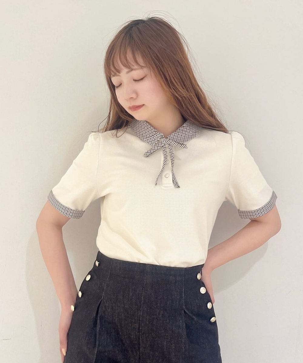 5785【希少】シャネル‪☆ココボタン入り長袖ポロシャツ 07P リボンタイ チェック使いリボンタイ付きポロシャツ/F i.n.t [57AI07h007] | F