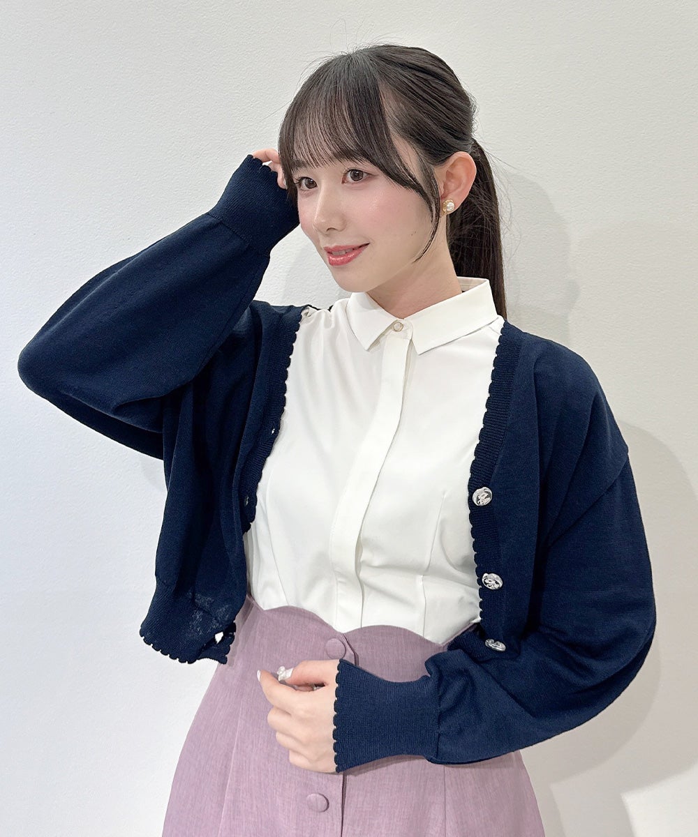 ミシェルマカロン カーディガン F 紺 ネイビー チェック柄 ボウタイ衿付き フェザーチェック2wayカーディガン | 小柄・低身長女性向け