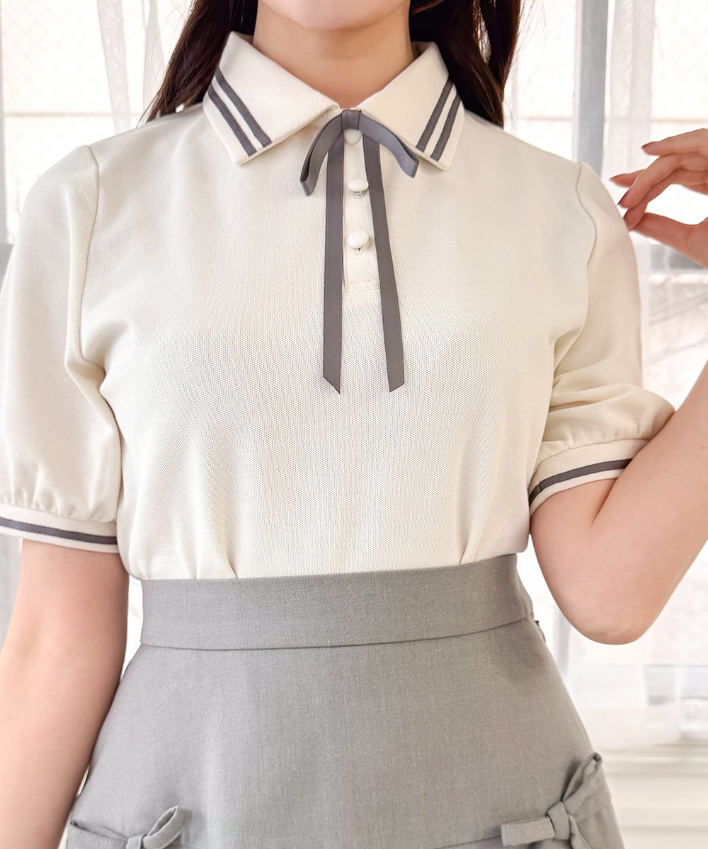5785【希少】シャネル‪☆ココボタン入り長袖ポロシャツ 07P リボンタイ リボンタイ付きライン入りポロシャツ/F i.n.t [57AI07h004] | F i.n.t