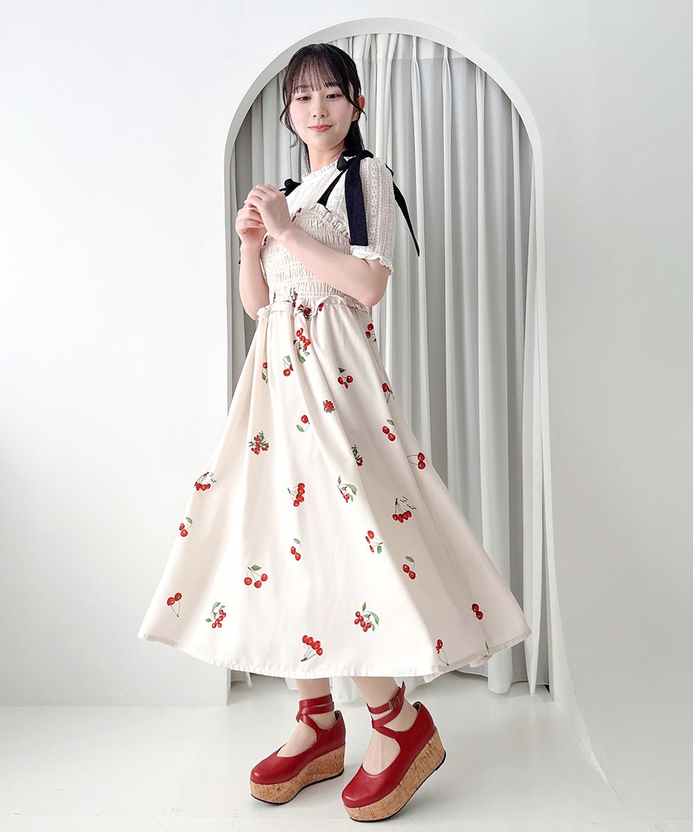 ご予約】チェリー柄シャーリングワンピース/F i.n.t [58AE02f019][6月