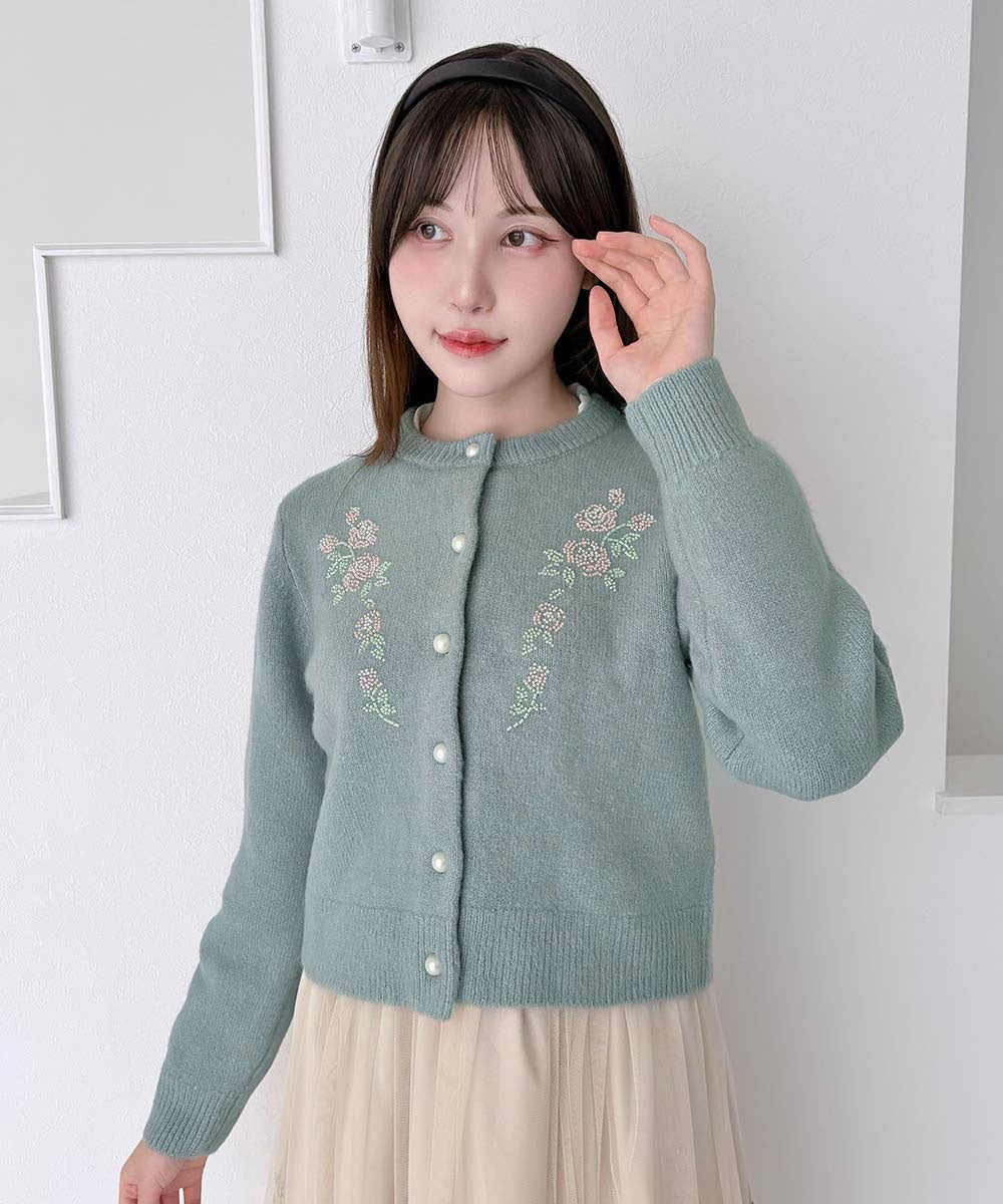 ご予約】ローズモチーフビーズ刺繍ニットカーディガン/an3 Limited