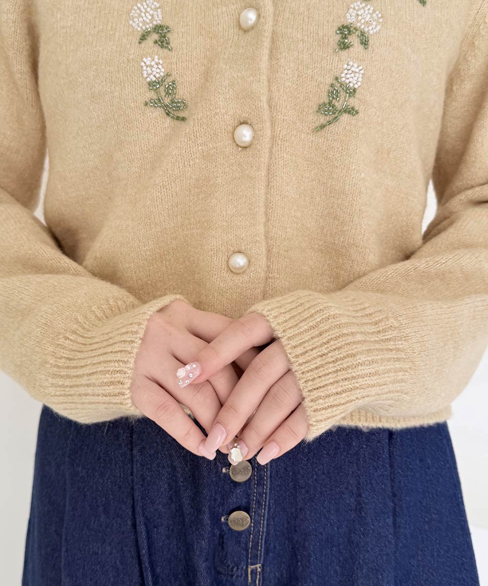 ご予約】ローズモチーフビーズ刺繍ニットカーディガン/an3 Limited