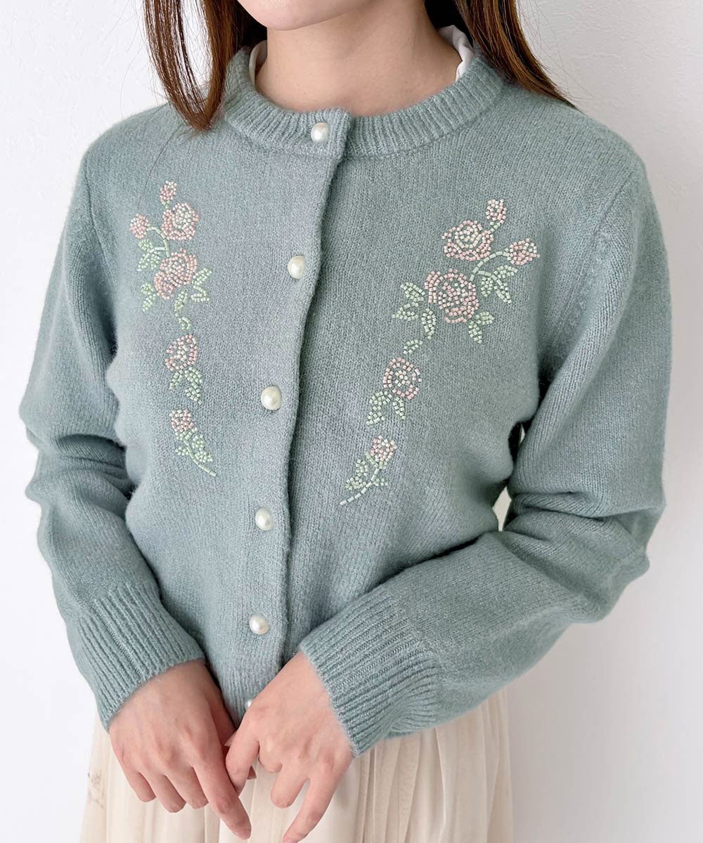ご予約】ローズモチーフビーズ刺繍ニットカーディガン/an3 Limited