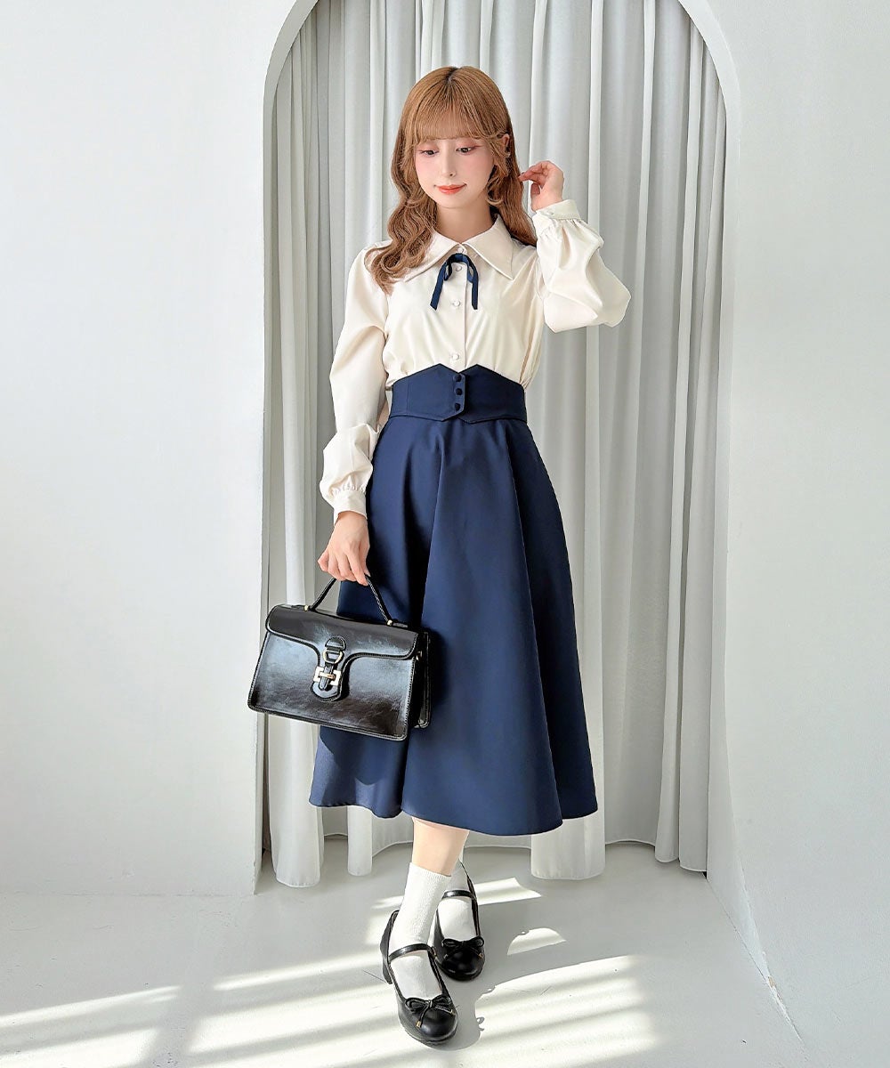 ballsey レースブラウス36とフレアスカート34 ネイビー コルセットベルト2wayフレアースカート/F&A [59CG03p001] | F i.n.t